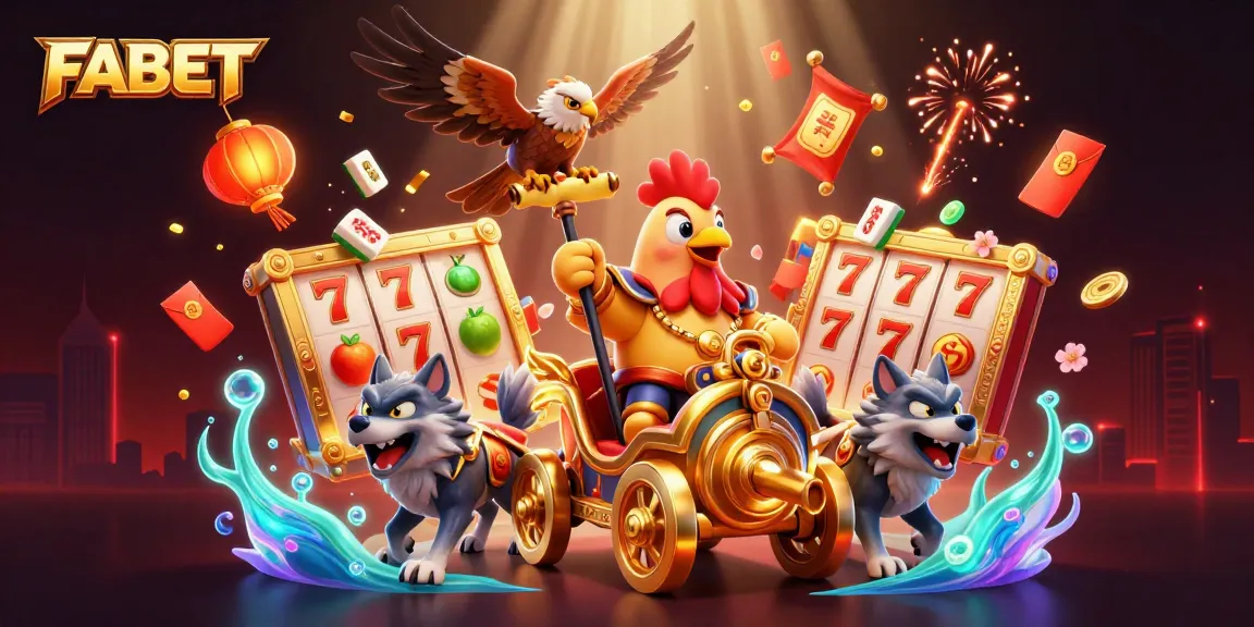 Experience FABET's dynamic casino scene with a rooster warlord and thrilling gaming elements.