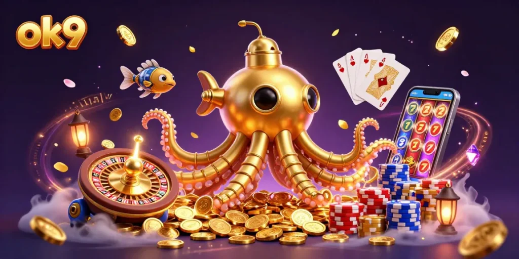 Experience exciting gameplay with ok9 as mechanical fish swim through a treasure of coins and casino elements.