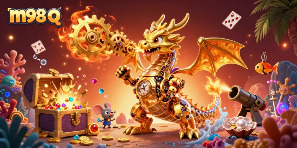 Experience the thrill of m98 q with a vibrant 3D dragon casino scene filled with dynamic gaming elements.
