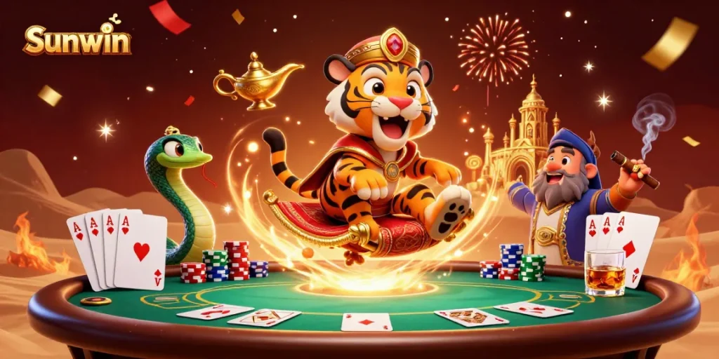 Experience Sunwin's thrilling gaming adventure featuring a magical 3D tiger sultan and poker elements.