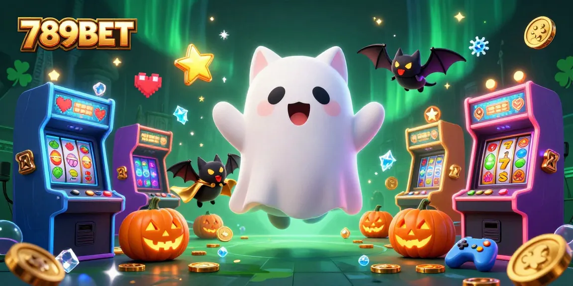 Engage with thrilling gameplay at 789BET: a whimsical casino scene showcasing a ghost cat, a bat, and glowing jack-o-lanterns.