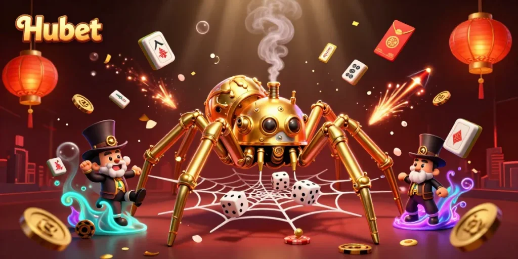 Experience thrilling gameplay in Hubet's vibrant casino scene featuring a steampunk spider and immersive game elements.