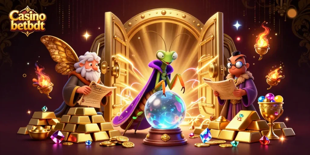 Engage with mystical fortune telling at Casino betbdt with a vibrant 3D scene of magical characters and treasures.