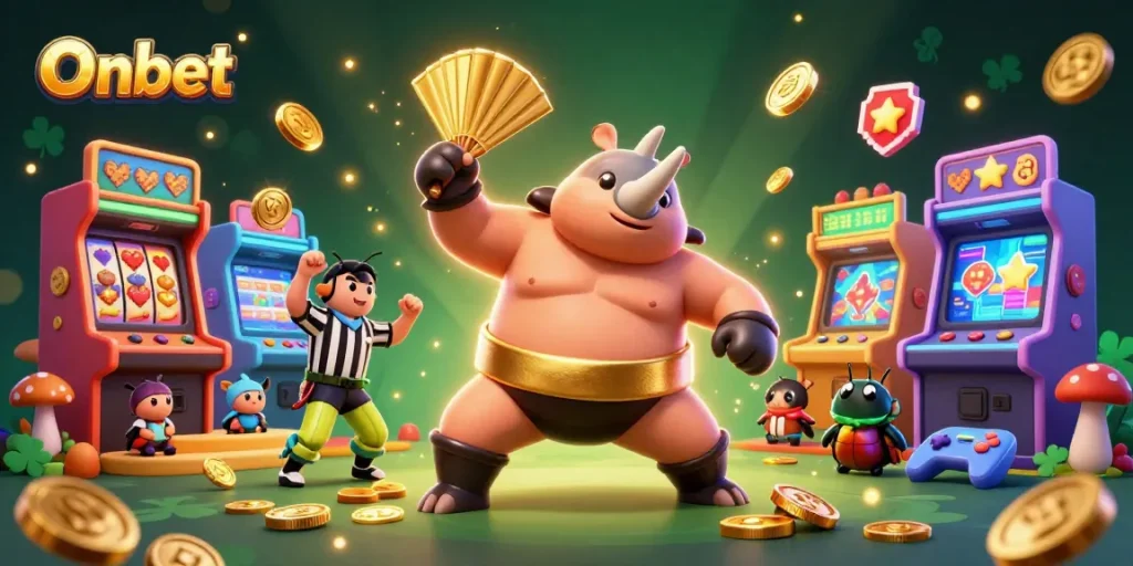 Experience engaging gameplay at Onbet with a vibrant 3D cartoon casino battle scene.