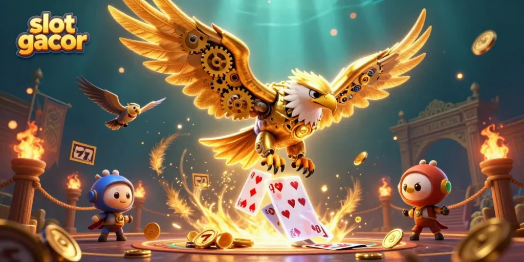 Experience the thrill of slot gacor gameplay with a golden eagle soaring through vibrant card cascades.