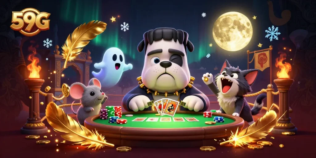Engage with thrilling 59G gameplay at a haunted casino table, illustrated in vibrant detail.