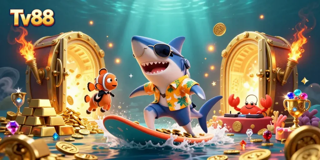 Engage with Tv88's thrilling gameplay featuring vibrant 3D characters amidst a jackpot-rich environment.