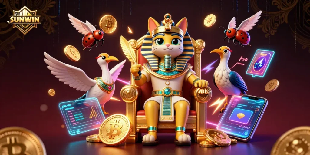 SUNWIN players strategy in a vibrant casino scene with crypto coins and dynamic gaming elements