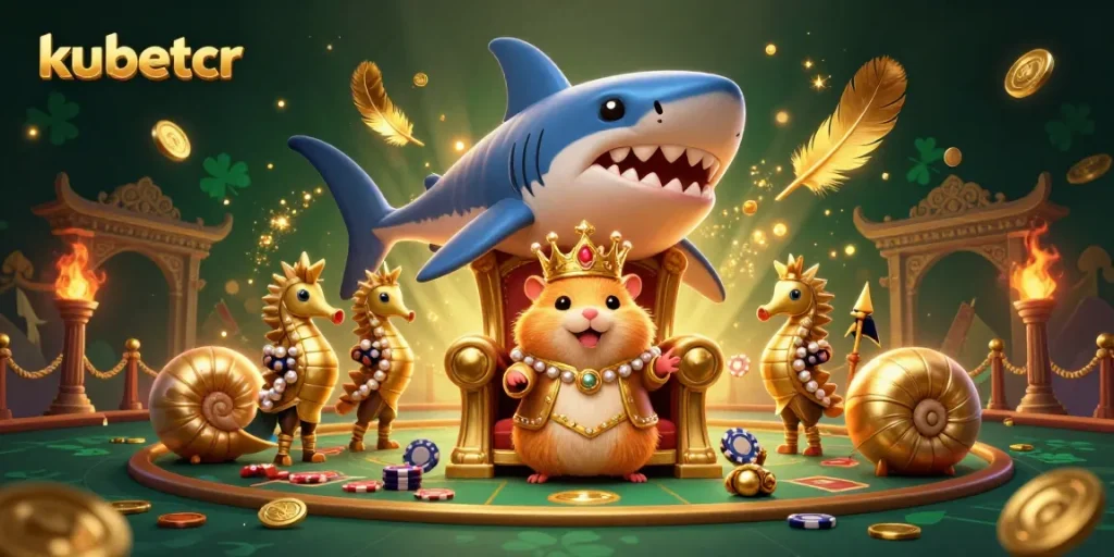 Engage with kubetcr's dynamic online casino scene featuring the fierce golden hamster king and gaming elements.