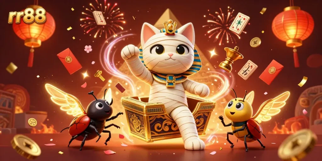 Experience thrilling moments at rr88 with a vibrant 3D casino scene showcasing unique characters and festive gaming elements.