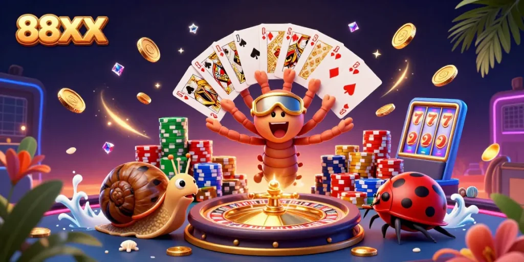 Engage in thrilling games at 88XX with a lively animation of a millipede dealer and high-roller snail.