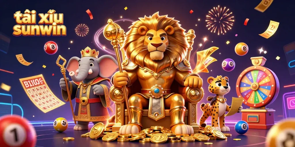T tài xỉu sunwin showcases a vibrant casino scene with winners celebrating amidst colorful dynamic elements.