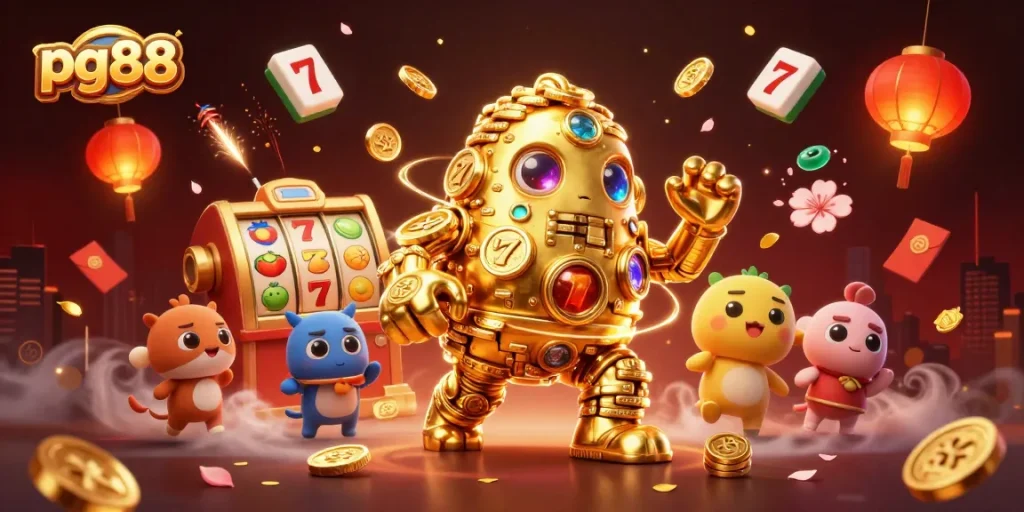 Engage with pg88's captivating golden golem amidst vibrant slot machine symbols and festive decor.
