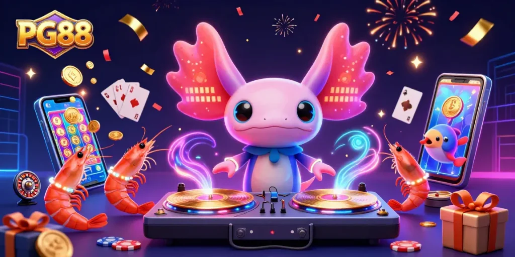 Experience PG88’s vibrant casino atmosphere with a neon-colored axolotl DJ and lively casino elements.