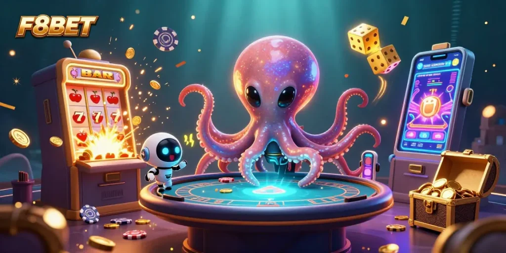 Experience gaming excitement with F8BET, as an alien octopus oversees thrilling poker and slot machines.