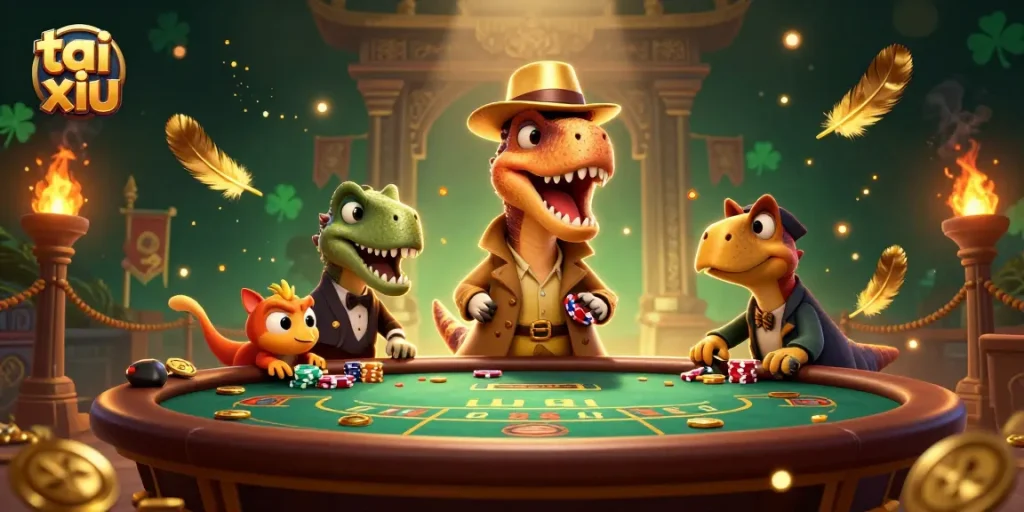 A vibrant tai xiu scene with a velociraptor card counter at a blackjack table, rich in gambling elements.