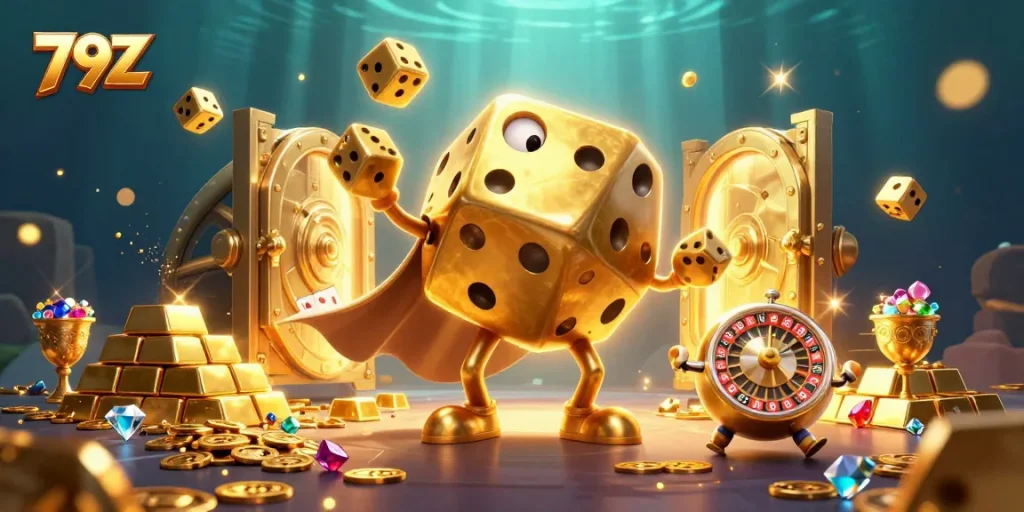 Experience the thrill of 79Z gaming with golden dice and dazzling treasures in this colorful casino illustration.