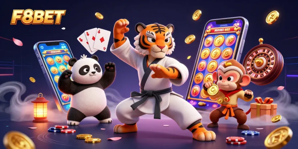 F8BET offers thrilling casino adventures with kung fu characters amidst colorful gaming elements.