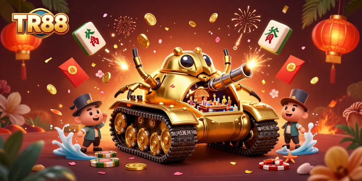 Engage with the vibrant TR88 casino experience in a 3D illustration featuring a golden beetle tank and miniature casino.
