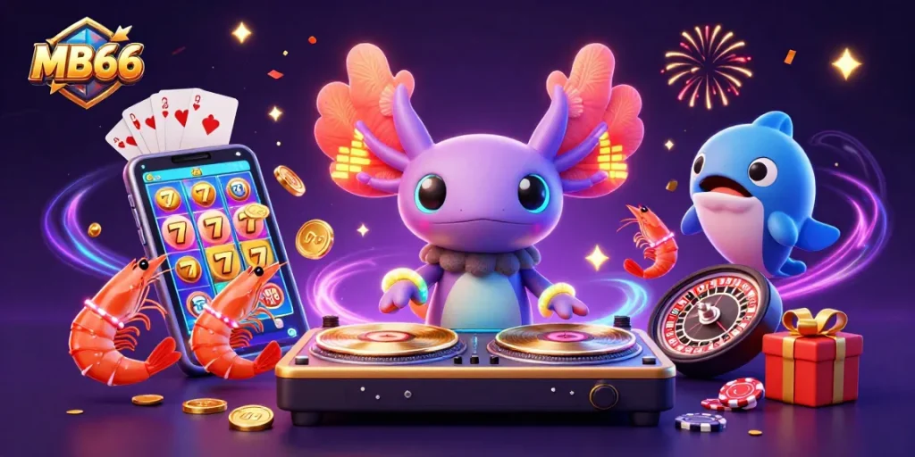 Experience the excitement of MB66 with vibrant casino elements and lively characters in a dynamic illustration.