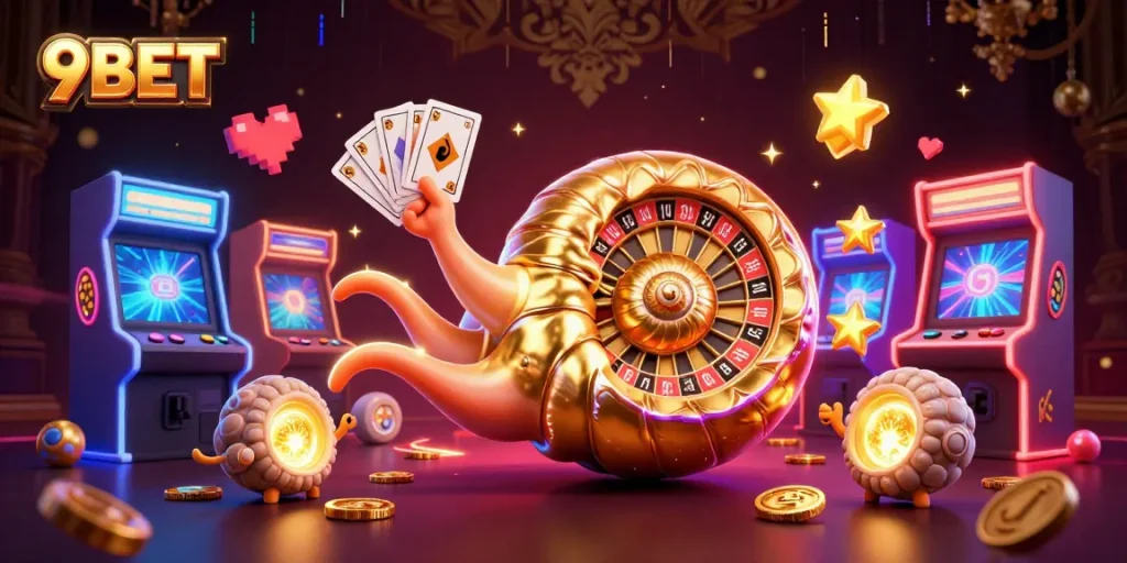 Engage with 9BET's vibrant casino atmosphere depicted in a 3D cartoon illustration.
