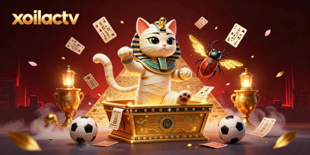 Engage with xoilactv's vibrant sports betting atmosphere featuring dynamic casino and mummy cat visuals.