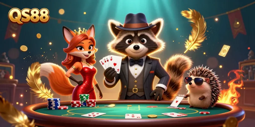 Experience the thrilling QS88 poker scene with raccoon, fox, and hedgehog characters amidst vibrant casino elements.