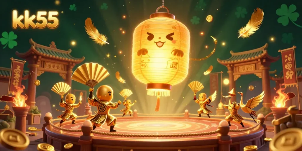 Experience the thrill of winning with kk55's dynamic casino illustration featuring golden lanterns and game elements.