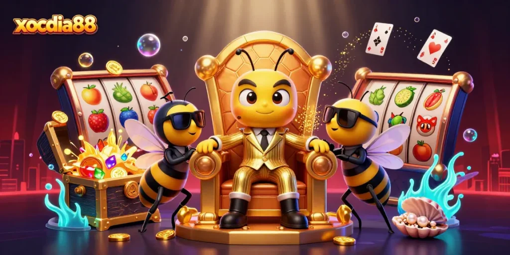 Xocdia88 captivates players with a vibrant illustration depicting thrilling slot gameplay amidst a lively gambling scene.