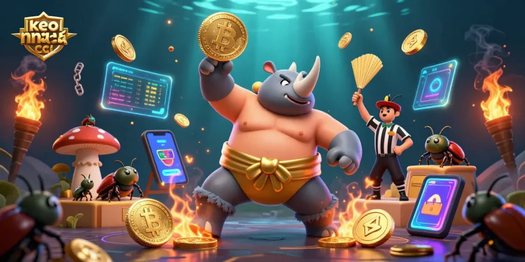 Experience keo nha cai with a dynamic scene of a beetle sumo champion amidst vibrant casino elements.