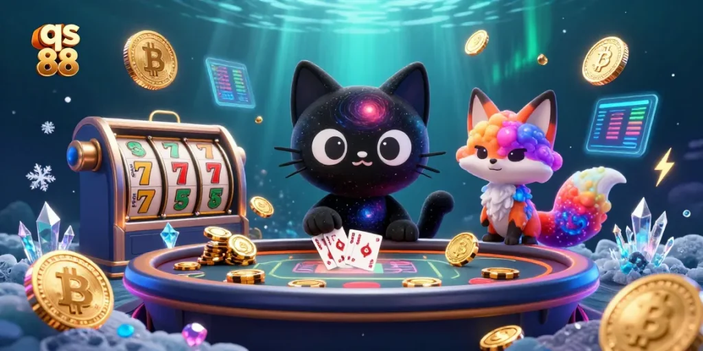 Experience the exciting world of qs 88, featuring a black hole cat at a vibrant cosmic casino.