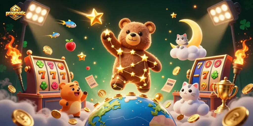 Menghadirkan pragmatic melalui kasino online dengan simbol slot dan jackpot yang memukau dalam ilustrasi 3D.