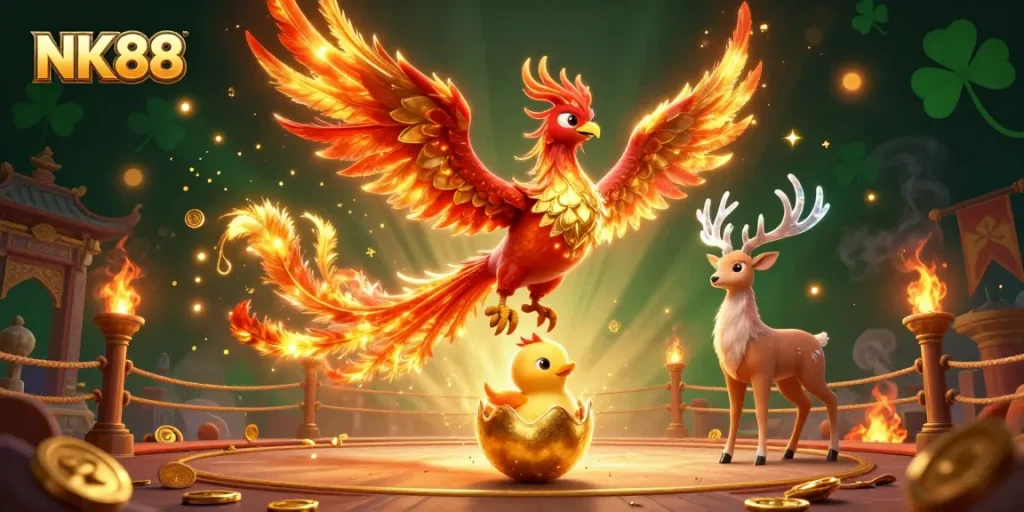 Engage with thrilling NK88 gaming featuring majestic phoenixes and vibrant casino elements.