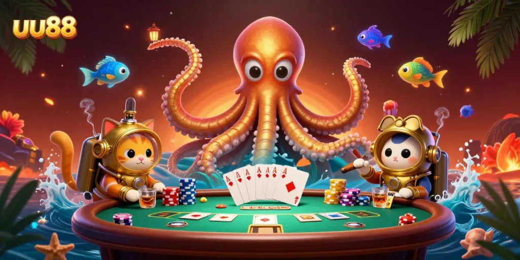 Engage with uu88's thrilling poker scene featuring a kraken and diving cat amidst casino excitement.