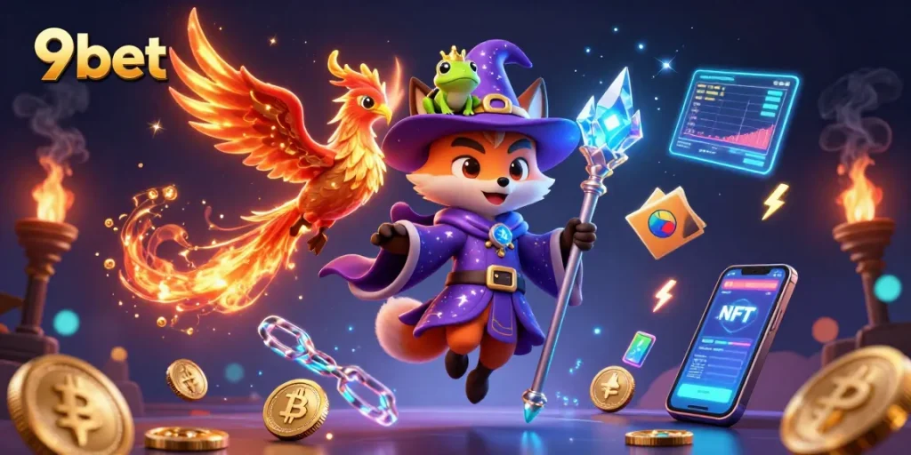 Engaging 9bet illustration featuring a wizard fox and phoenix amidst vibrant casino elements.