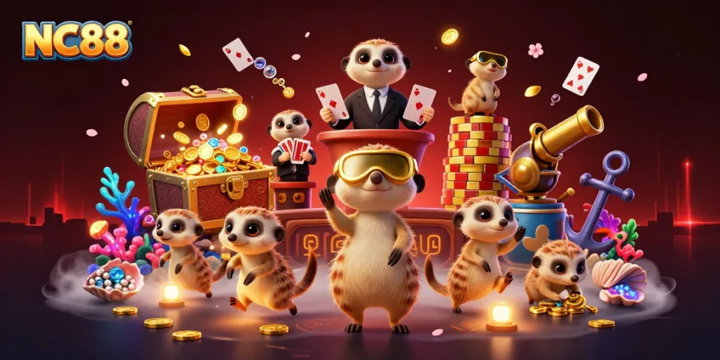 Experience the excitement of NC88 casino with meerkats managing games, rich treasures, and lively elements!