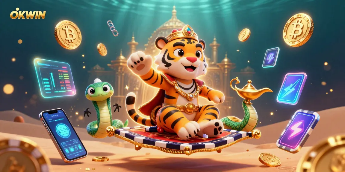 Engage with OKWIN's captivating casino adventure featuring a tiger sultan on a carpet of poker chips.