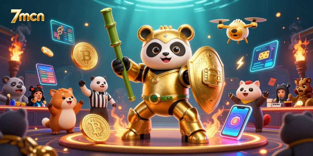 Experience thrilling gameplay with 7mcn in an energizing casino scene filled with vibrant characters and crypto elements.