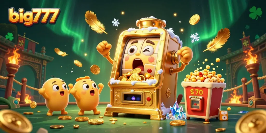 Big777 slot machine hitting a jackpot, surrounded by cheering baby slots and dynamic golden effects.