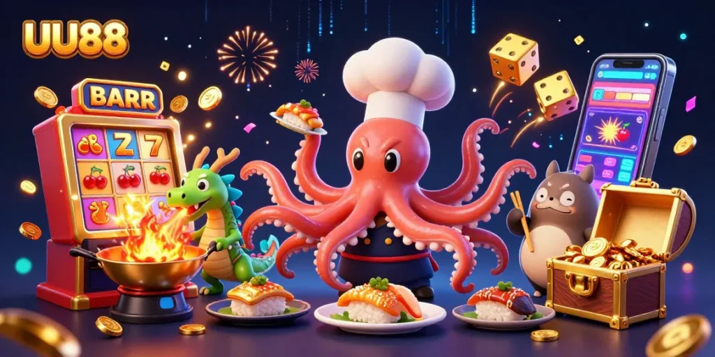 UU88 engages players with vibrant 3D casino illustration featuring dynamic gaming elements and exciting action.