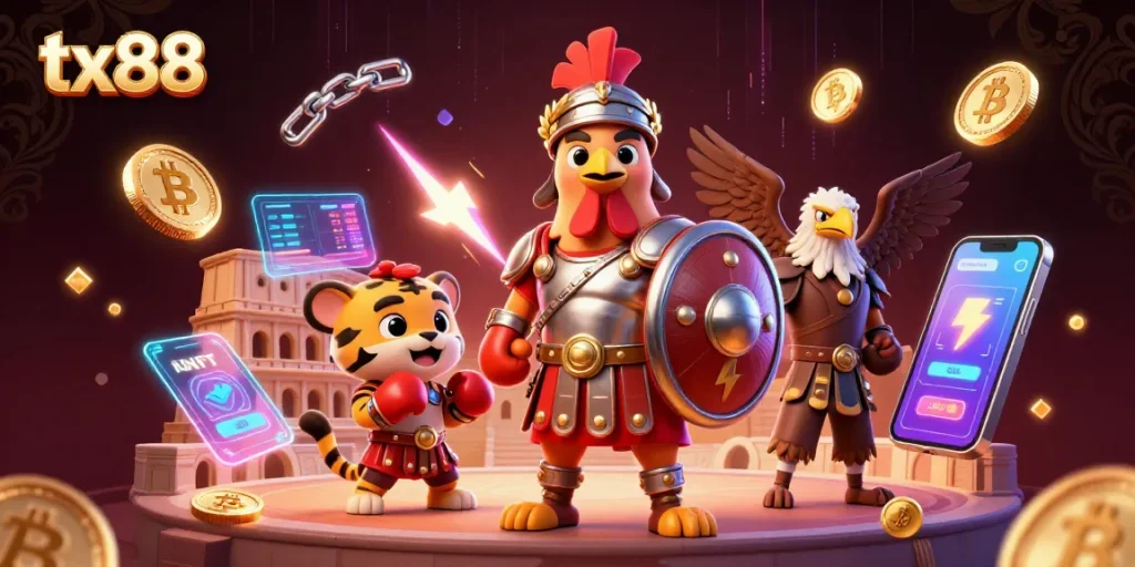 Engage with tx88's vibrant online casino scene featuring a gladiator rooster and tiger cub.