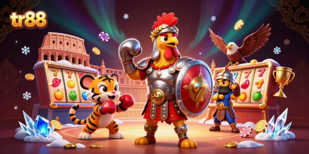 tr88 gamers celebrate winning big with an exciting casino scene featuring elements like slot machines and golden trophies