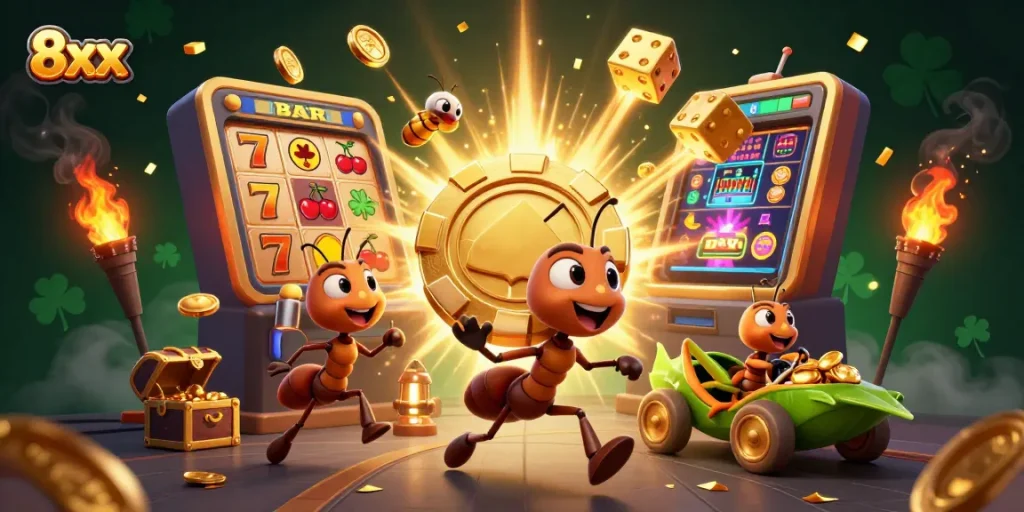 Experience dynamic 8xx gameplay with ants heist and vivid casino elements in a vibrant scene.