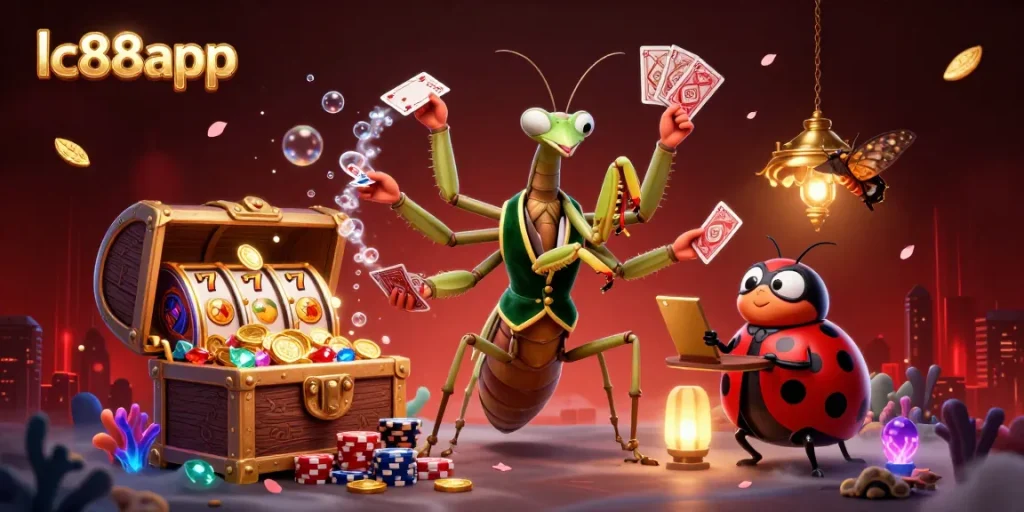 Experience the thrill of lc88app as a giant mantis card sharp and ladybug pit boss engage in animated casino action.