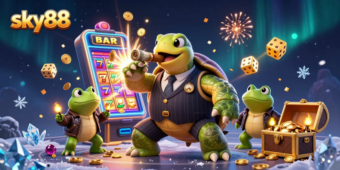 Sky88 showcases a cartoon turtle and bullfrogs amidst a lively casino scene filled with jackpots and games.