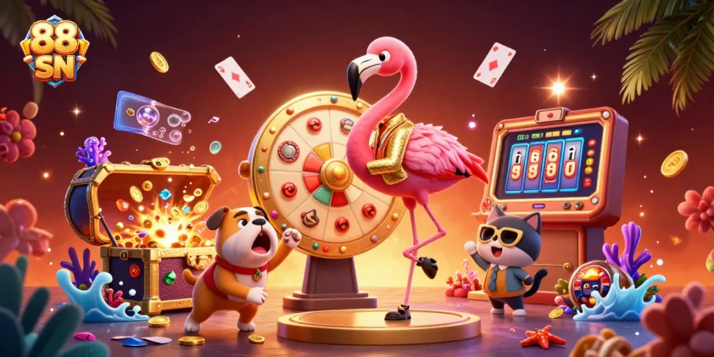 Experience thrilling moments with 88 SN as characters reveal exciting casino prizes in a vibrant scene.