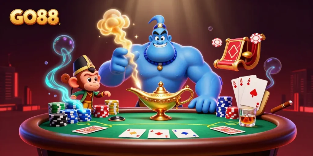 Experience GO88 with a vibrant 3D scene featuring a blue genie, flying carpet, and poker elements.