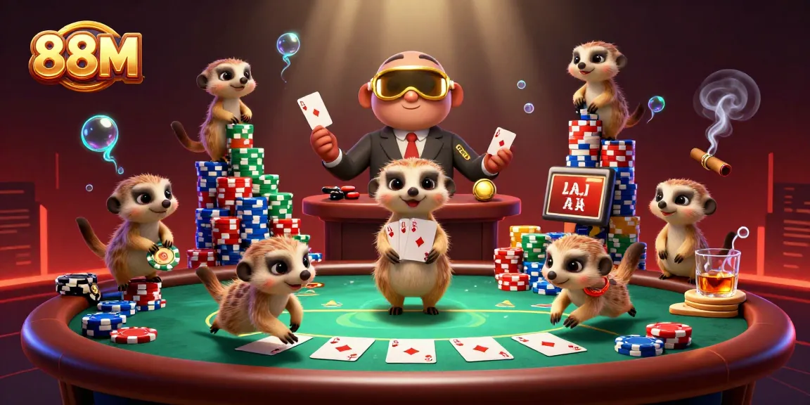 Experience 88M's dynamic casino scene with meerkats managing poker games and chips.