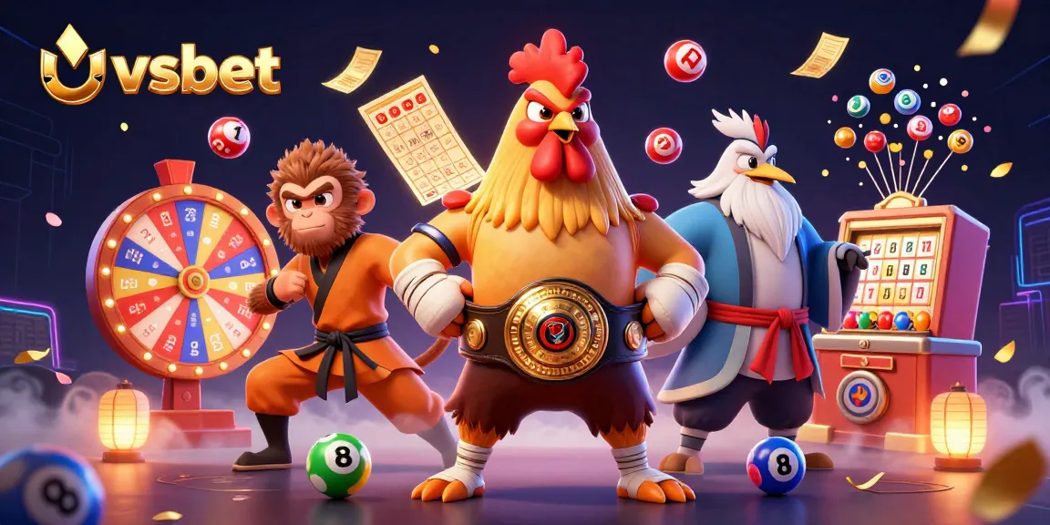 Engage with vsbet's vibrant 3D illustration featuring dynamic lottery elements and character interaction.
