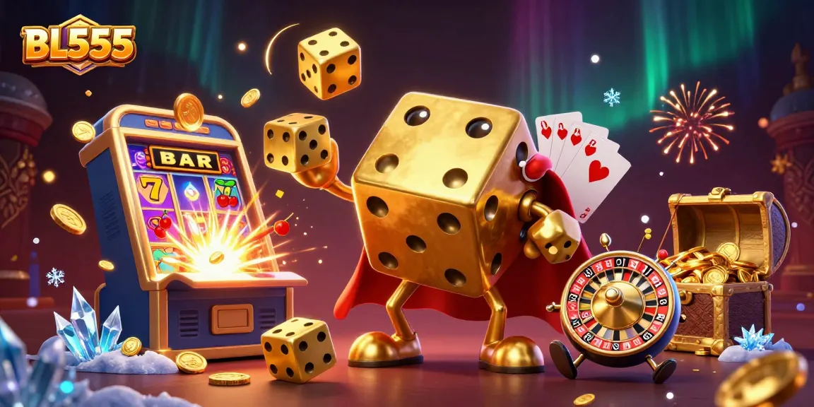 Experience thrilling gameplay at BL555 with a lively golden dice golem and jackpot explosion in an engaging casino scene.